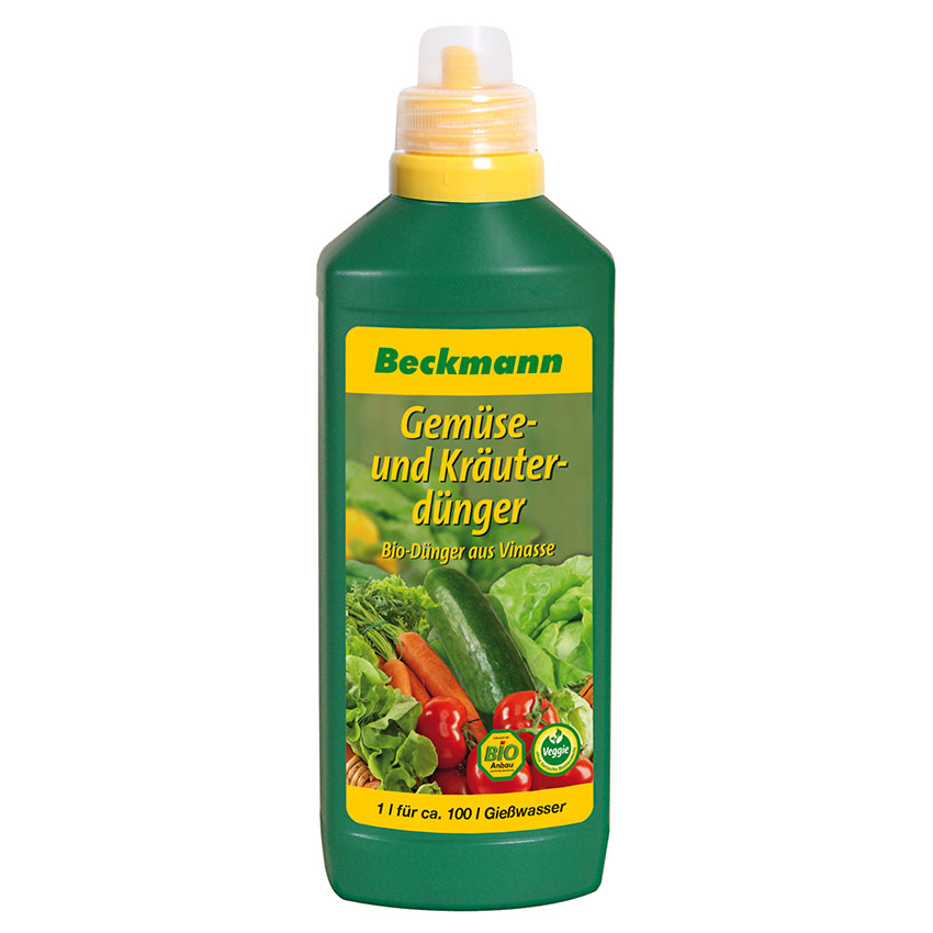 Biologischer Gemüse- und Kräuterdünger von Beckmann – Flüssigdünger 1 l für Tomaten, Paprika, Beeren & Kräuter. Reicht für 100 l Gießwasser.