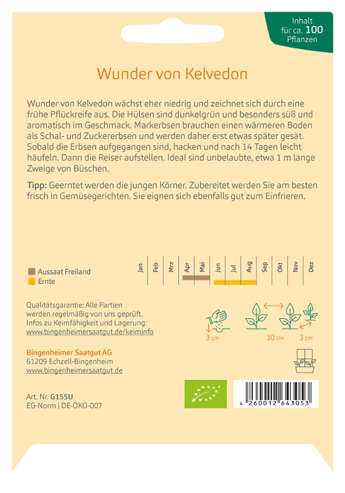 BIO Saatgut Markerbse Wunder von Kelvedon Aussaatanleitung