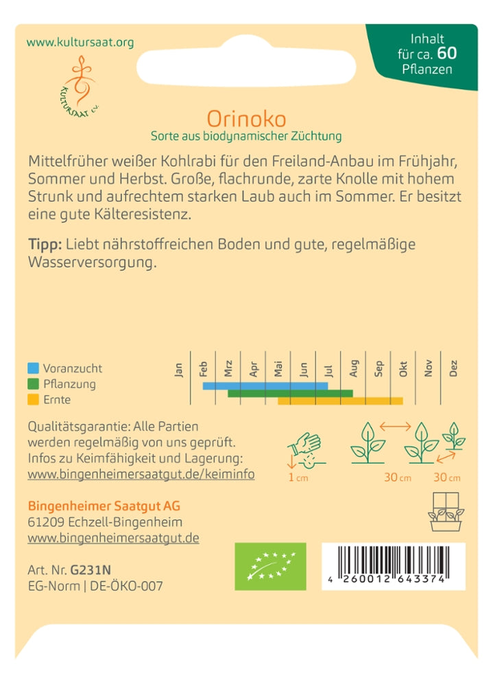BIO Saatgut Kohlrabi Orinoko, weiß, Aussaatanleitung