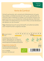 Rückseite der BIO Saatgut-Portionstüte Feldsalat „Verte de Cambrai“ mit Angaben zu Aussaat, Ernte, Pflanzabstand und Anbau