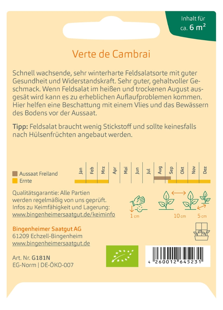 Rückseite der BIO Saatgut-Portionstüte Feldsalat „Verte de Cambrai“ mit Angaben zu Aussaat, Ernte, Pflanzabstand und Anbau