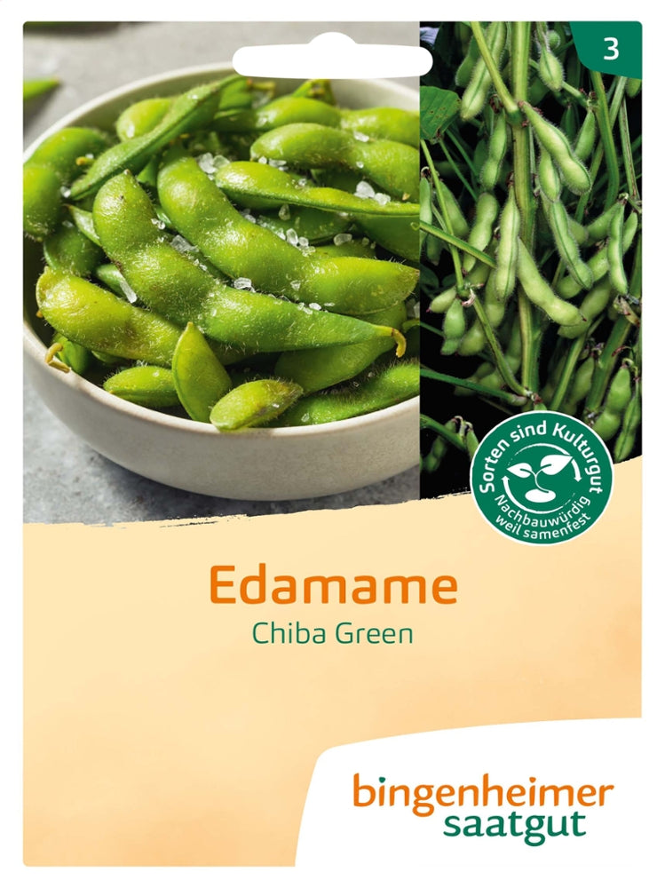 Saatguttüte Bio-Edamame Chiba Green von Bingenheimer Saatgut mit Schale voller grüner Edamame und Sojabohnenpflanzen