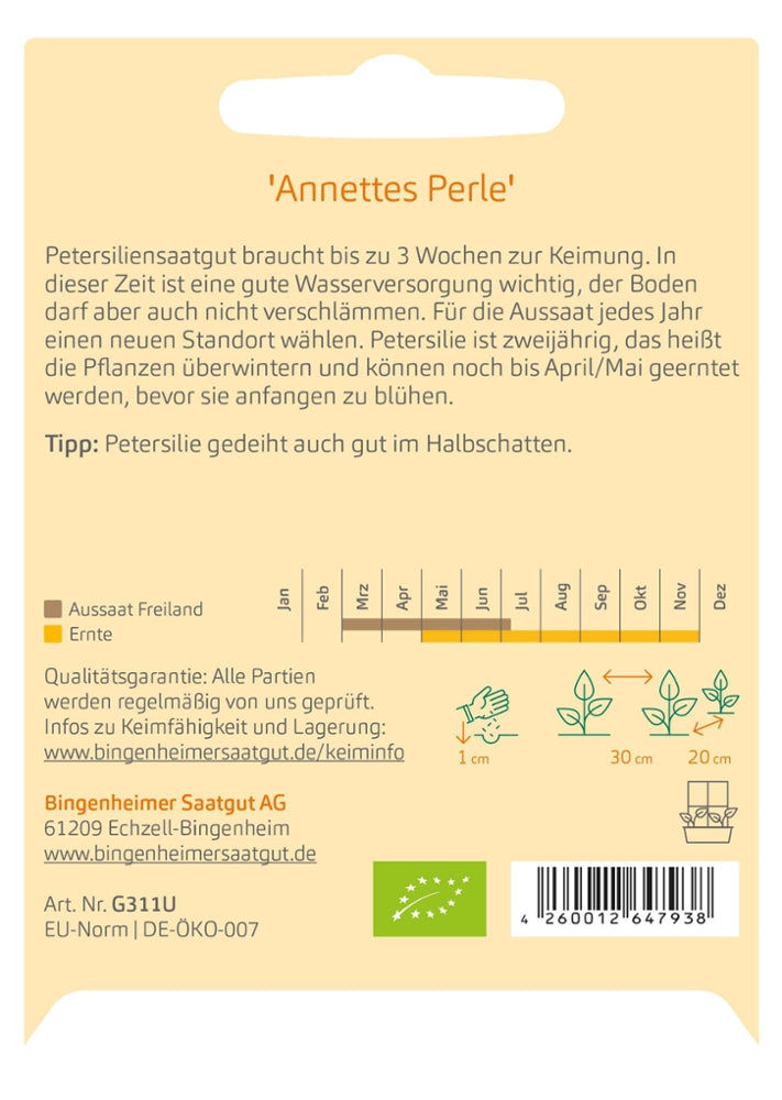 Rückseite der BIO Saatgut-Portionstüte Petersilie „Annettes Perle“ mit Angaben zu Aussaat, Anbau, Ernte und Saatgutqualität.