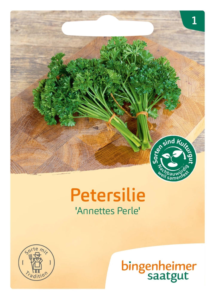 BIO Saatgut Petersilie „Annettes Perle“ von Bingenheimer Saatgut – Vorderseite der Portionstüte mit Sortenname und Produktabbildung.