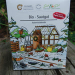 Vorderansicht des BIO Saatgut Adventskalenders in Buchform von Culinaris mit winterlichem Gartenmotiv und 24 samenfesten BIO Saatgutsorten.