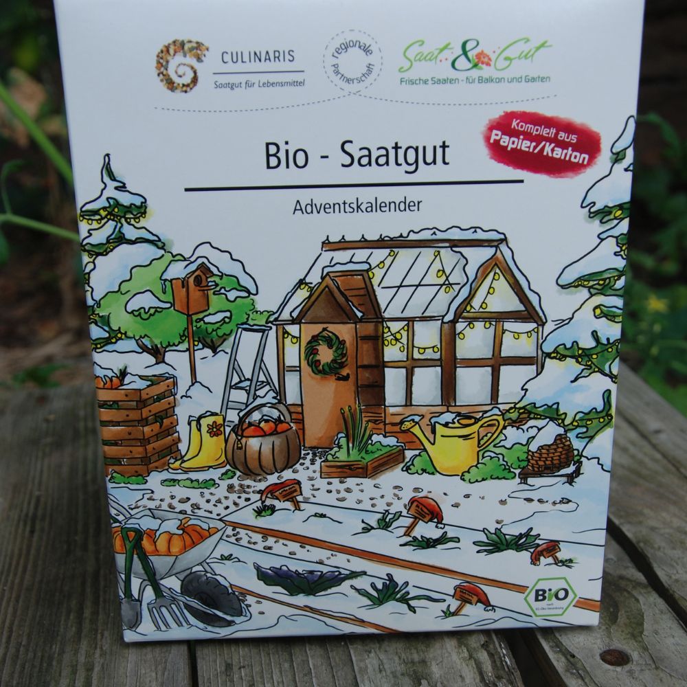 Vorderansicht des BIO Saatgut Adventskalenders in Buchform von Culinaris mit winterlichem Gartenmotiv und 24 samenfesten BIO Saatgutsorten.