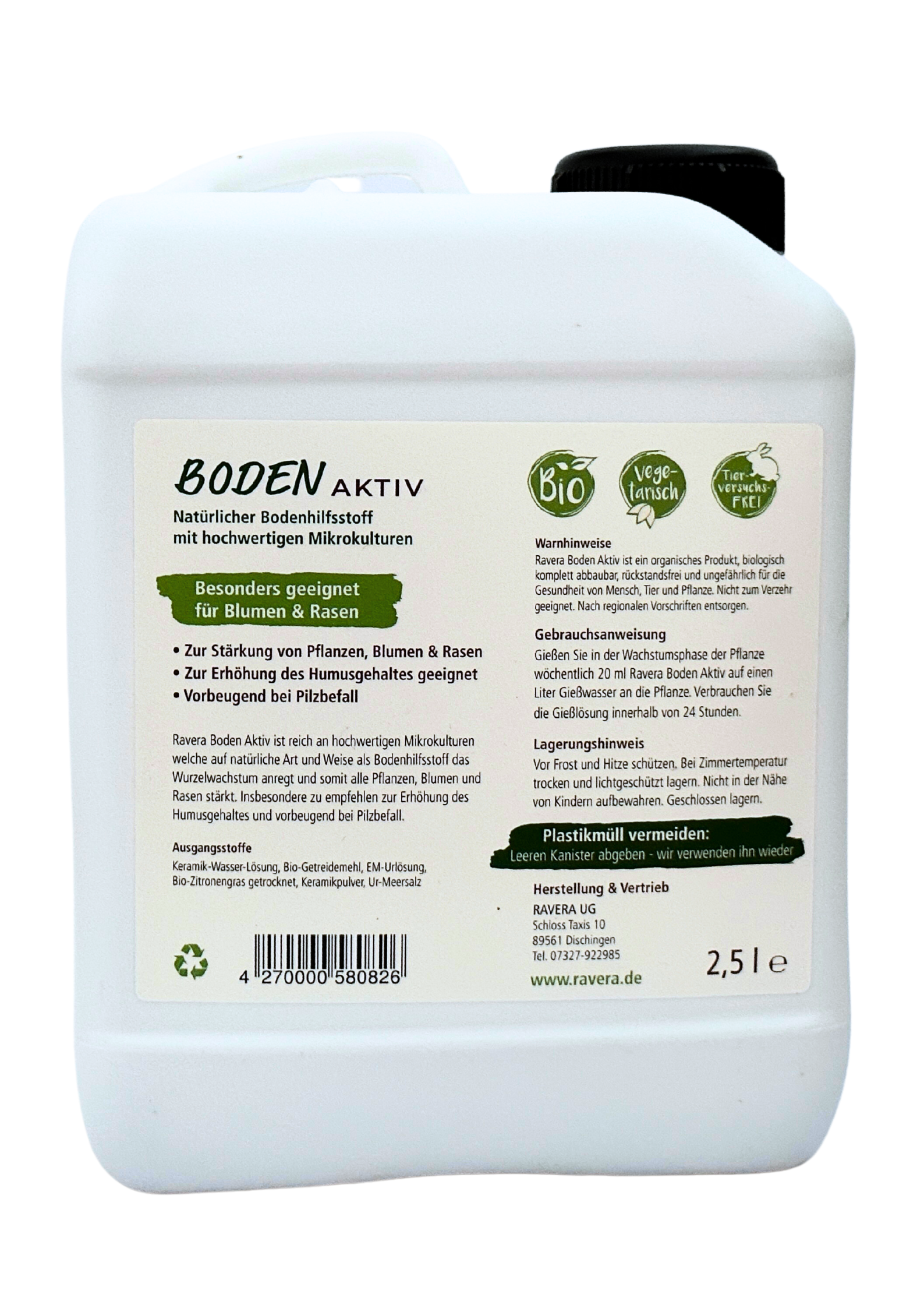 Natürliches Bodenpflegeprodukt Ravera Boden Aktiv mit EM und Agnihotra-Asche – ideal für Gemüse, Blumen, Rasen und gesunden Humusaufbau