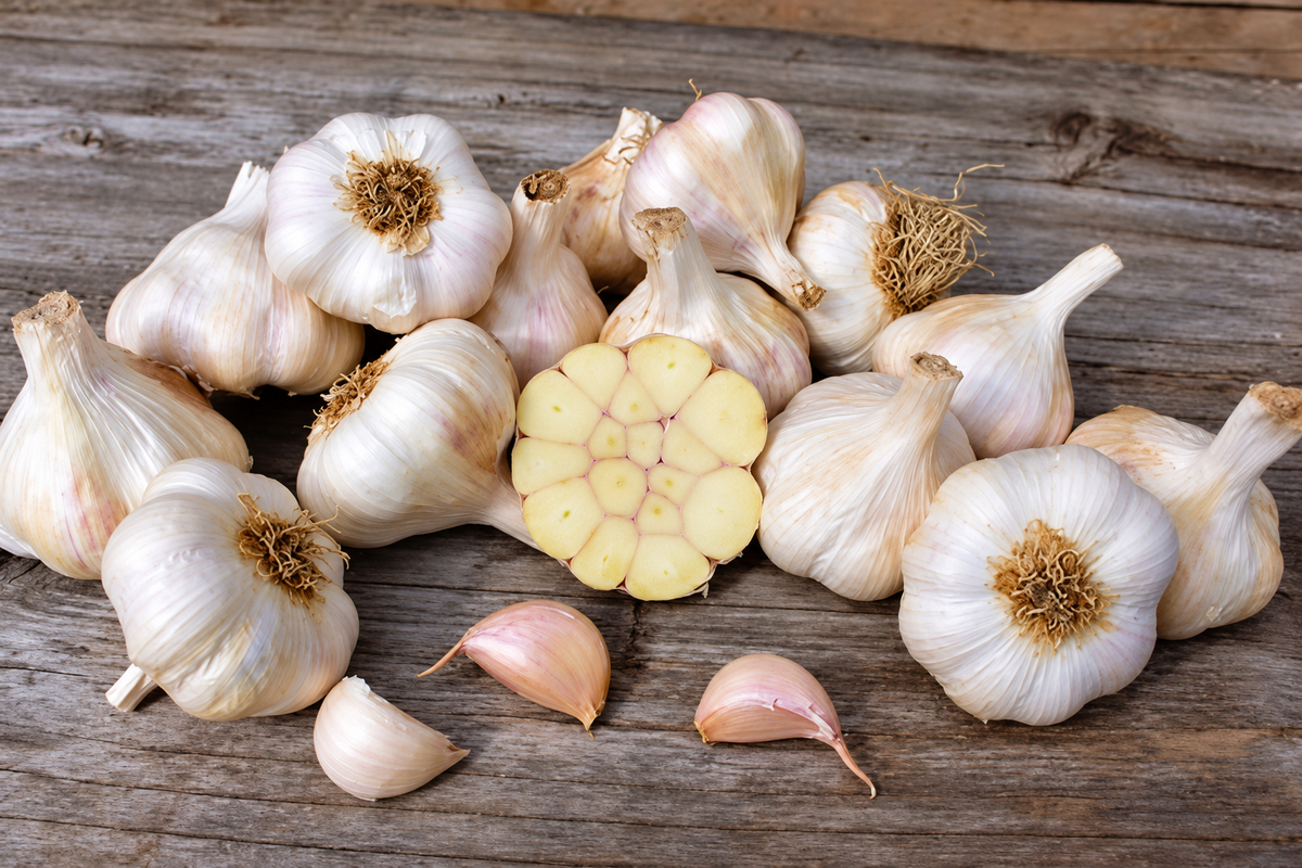 BIO Pflanzknoblauch Therador mit weißen, leicht rosavioletten Knollen, angeschnittener Knolle und einzelnen Knoblauchzehen