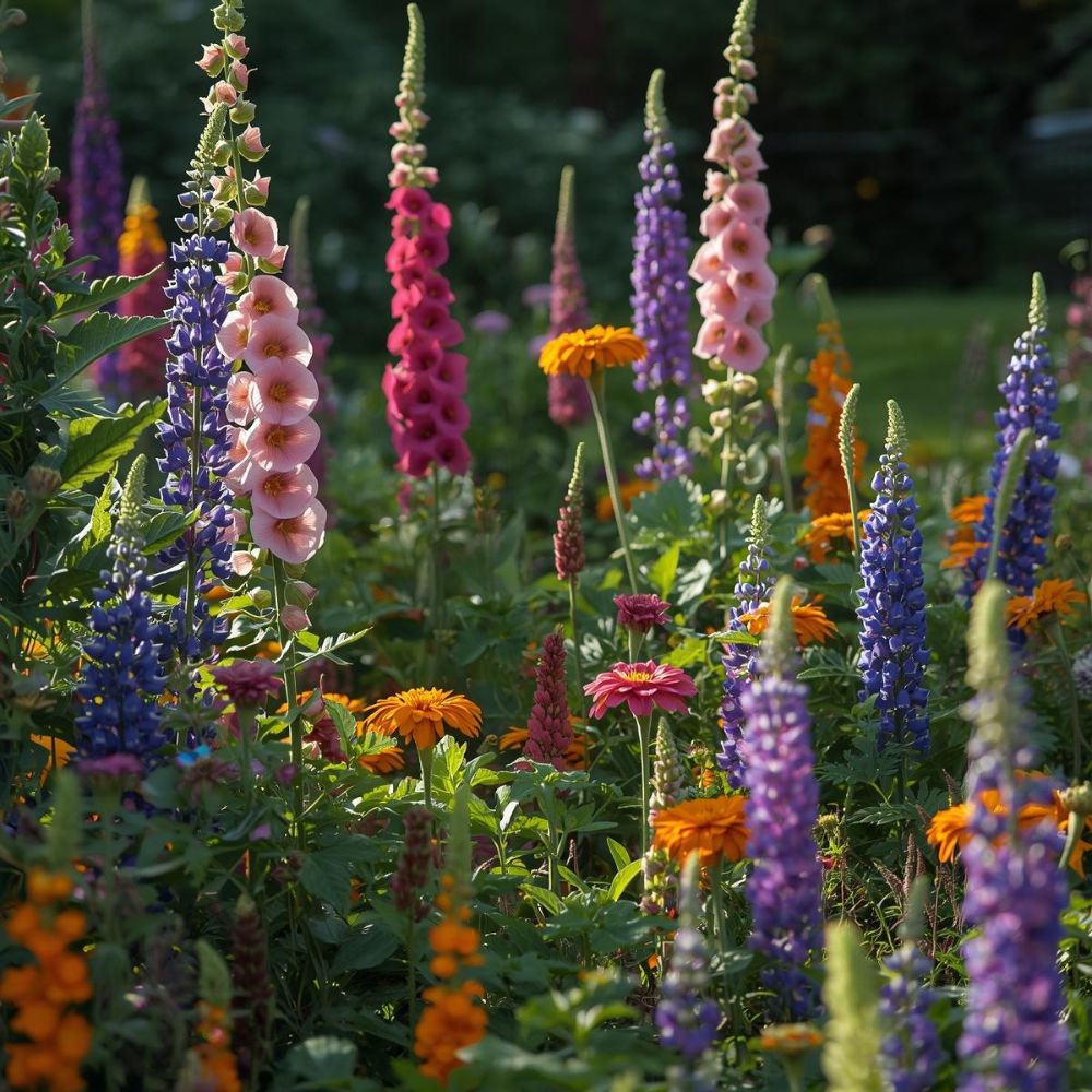 Blumenbeet im Bauerngartenstil mit Stockrosen, Zinnien, Lupinen, Ringelblumen und Glockenblumen in bunter Blüte