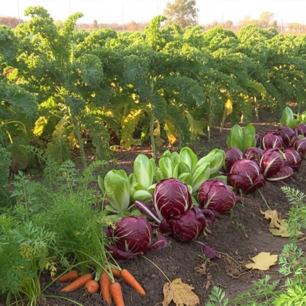 Herbstliches Gemüsebeet mit Grünkohl, Radicchio, Endivien und Möhren für die Winterernte im naturnahen Garten