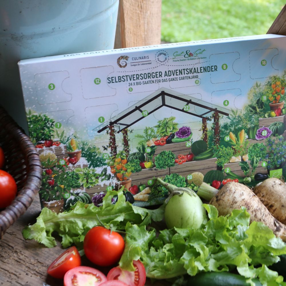 BIO Saatgut Adventskalender – nachhaltiger Adventskalender mit 24 samenfesten Bio-Sorten und kompostierbarer Anzuchtschale, ideal für Selbstversorger