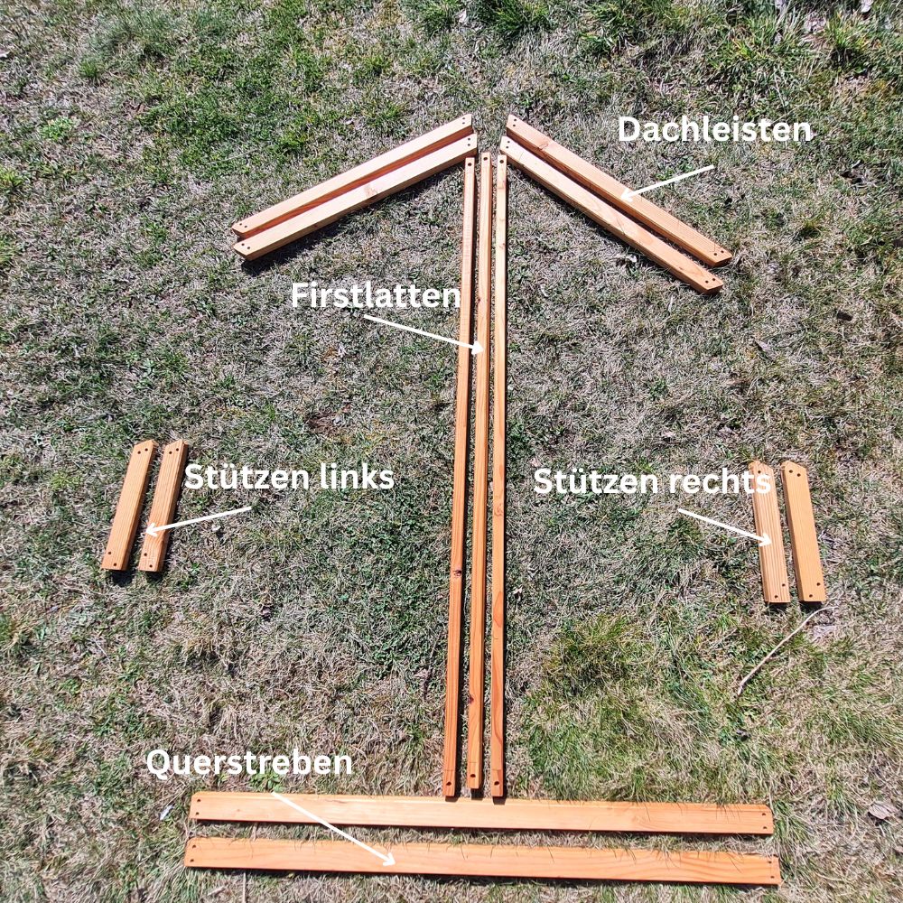 Lieferumfang Selbstbauset Frühbeet: Lärchenholzlatten, Pfosten, Querstreben, Dachleisten, Bauanleitung