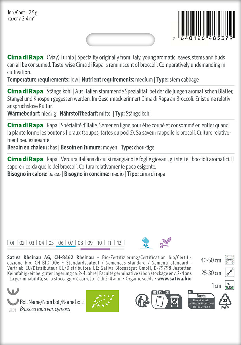 BIO Saatgut Cima di Rapa Stängelkohl Kulturanleitung