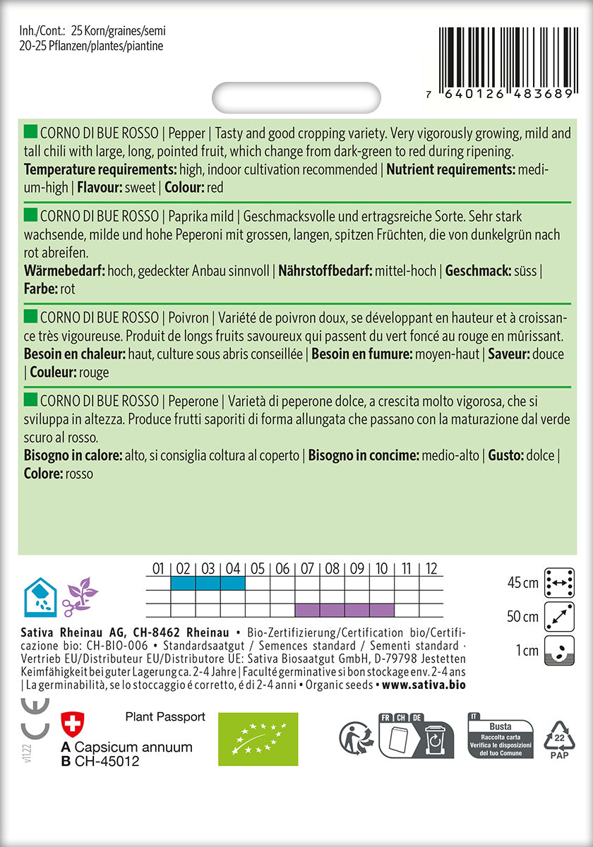 BIO Saatgut Paprika Corno di Bue Rosso Kulturanleitung
