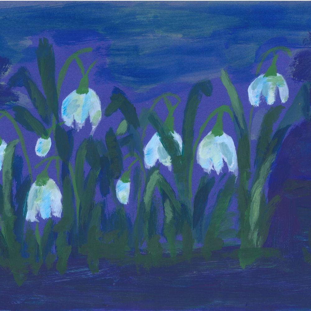 Geschenkgutschein Schneeglöckchen von biogartenladen.de mit handgemaltem Frühlingsmotiv – nachhaltig schenken für Gartenfreunde