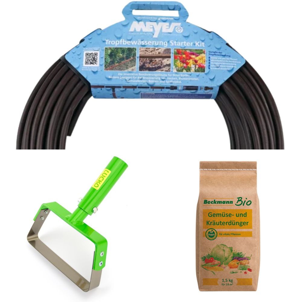 Sommerpflege-Set zum Boden lockern, Wasser sparen und Pflanzen stärken – mit Pendelhacke, Tropfbewässerung und BIO Gemüse- & Kräuterdünger.